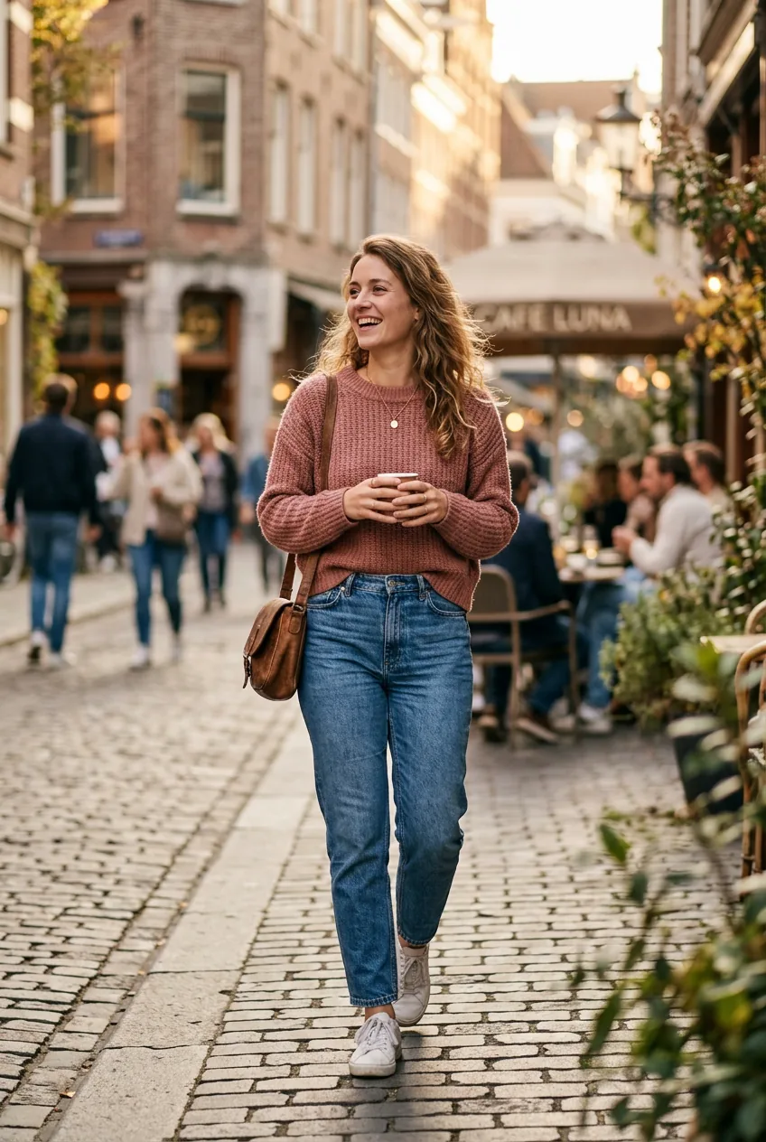 Woman in dusty rose sweater paired with denim in bright outdoor urban setting