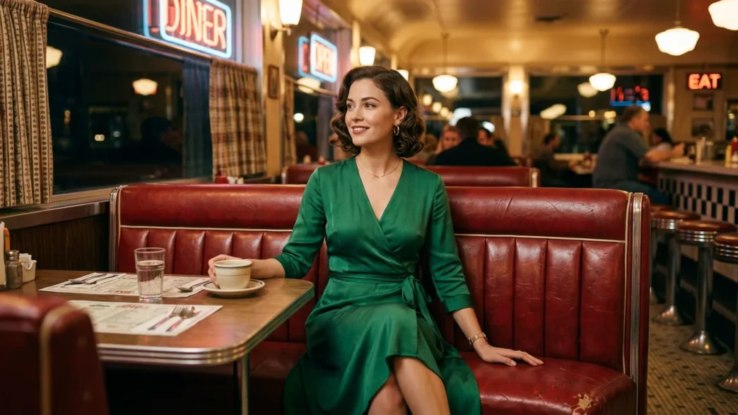Woman in elegant burgundy midi wrap dress with block heels for dinner styling