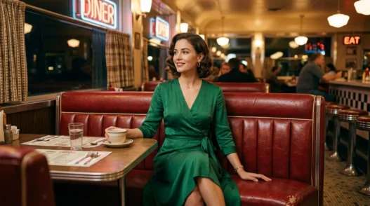 Woman in elegant burgundy midi wrap dress with block heels for dinner styling
