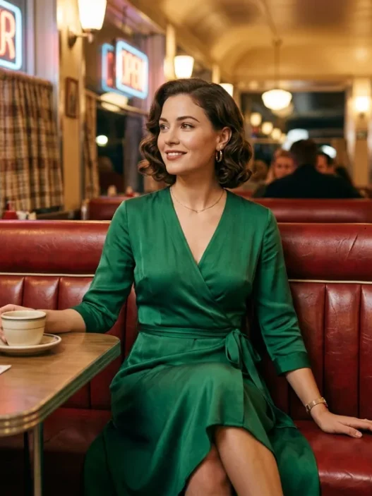 Woman in elegant burgundy midi wrap dress with block heels for dinner styling