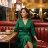 Woman in elegant burgundy midi wrap dress with block heels for dinner styling
