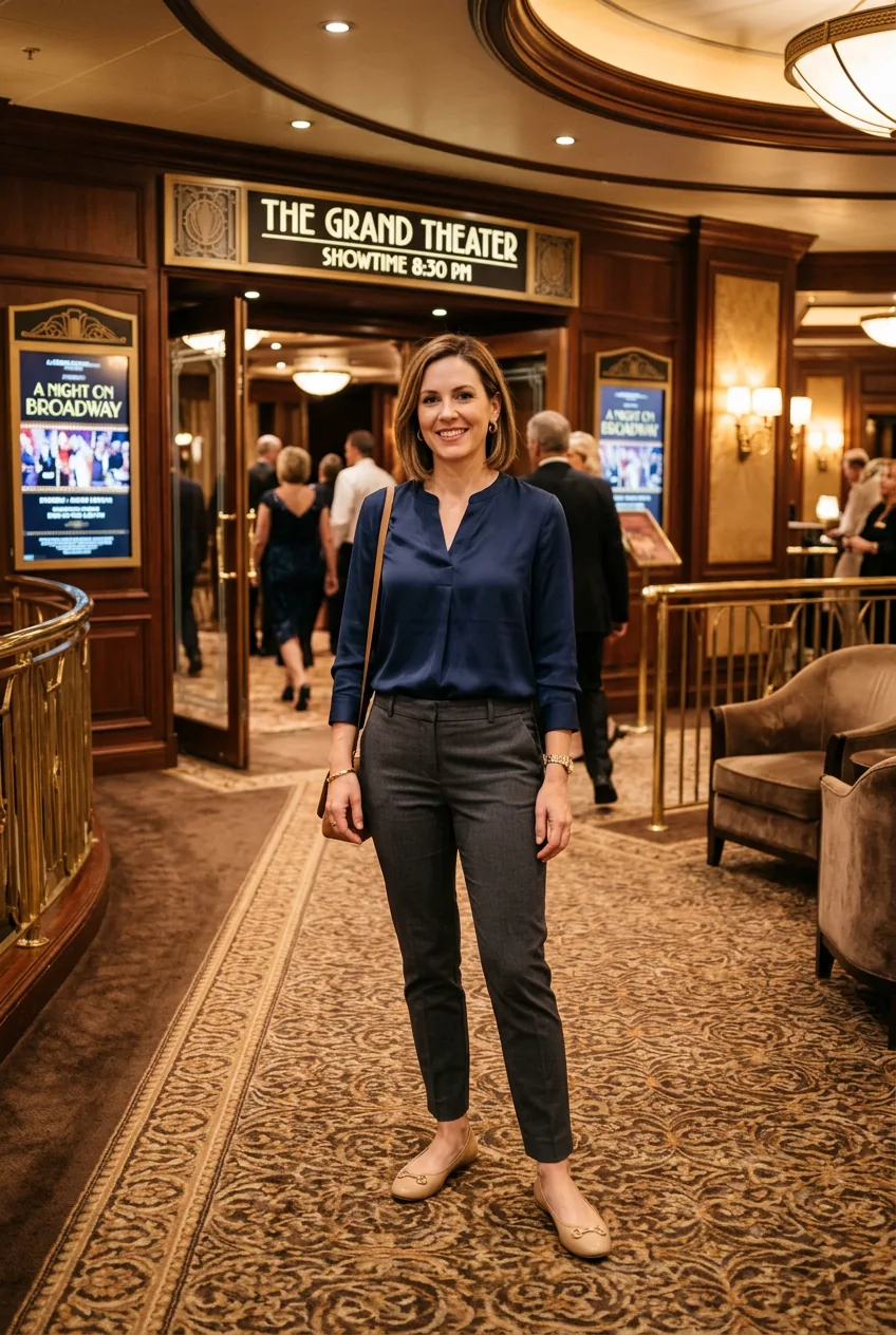 Woman in tailored blouse and pants with flats in cruise ship theater lobby setting
