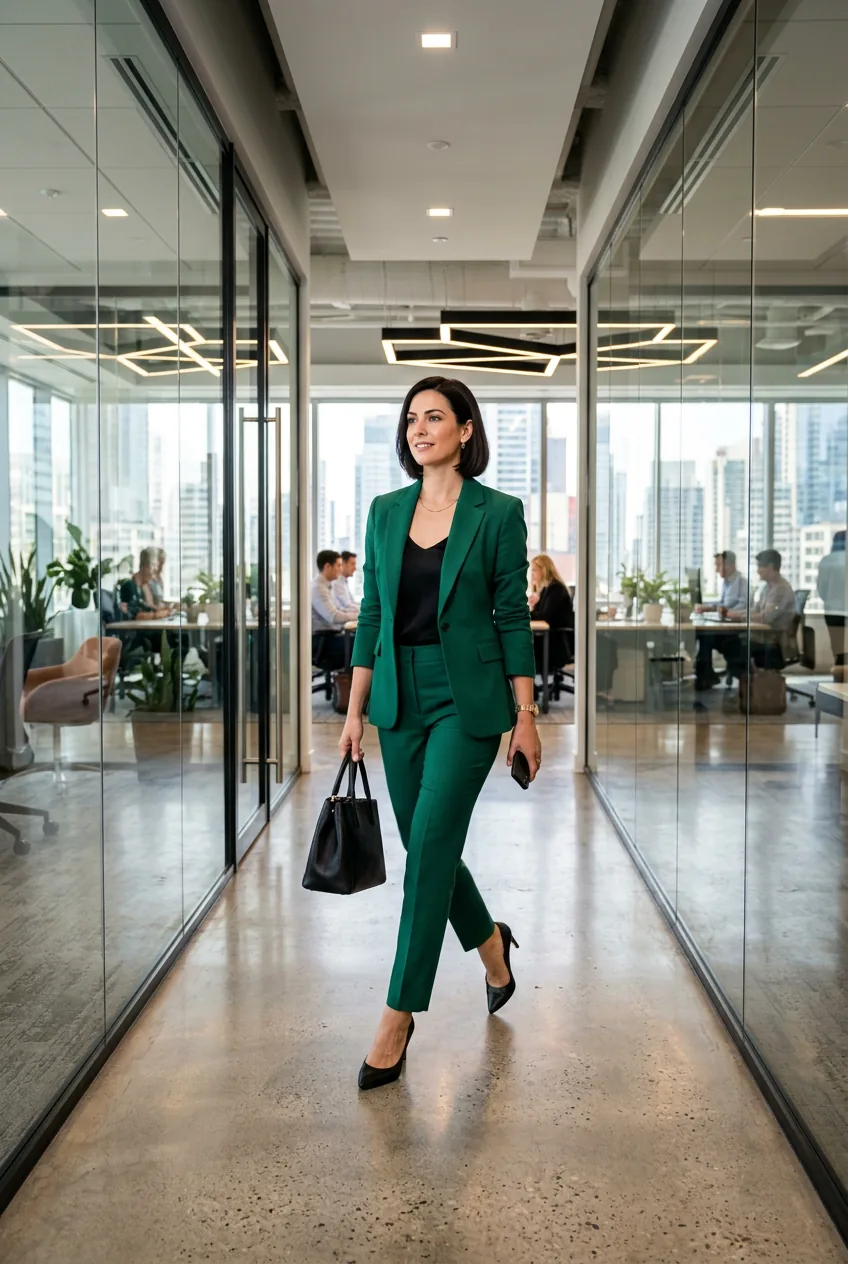Woman in emerald green tailored suit walking confidently through modern glass office corridor