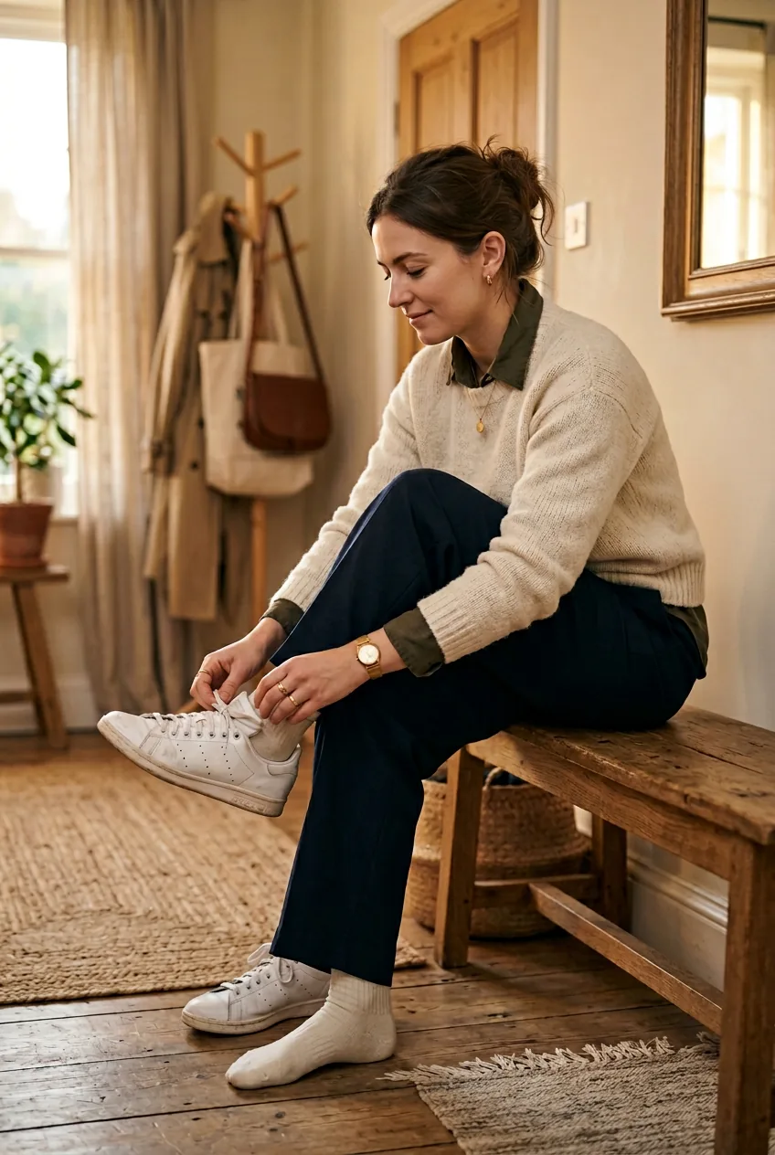 Woman at home removing white sneakers showing complete everyday outfit at end of day