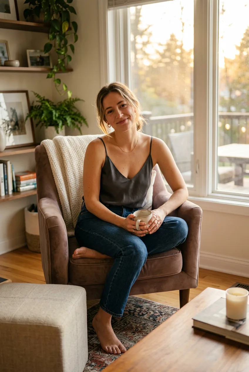 Woman in evening light wearing same silk camisole and jeans outfit still looking polished