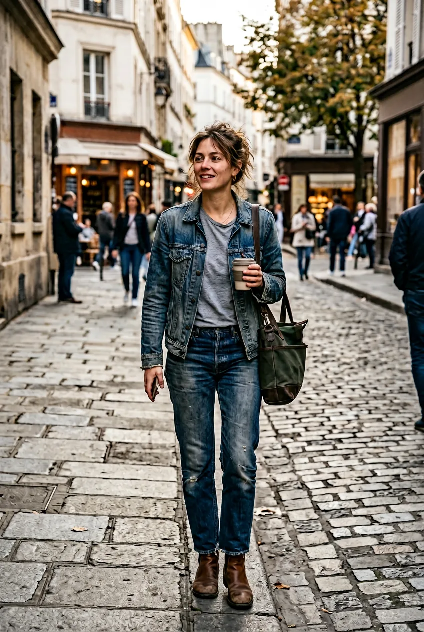 Woman showing realistic end-of-day casual outfit with lived-in denim and jeans
