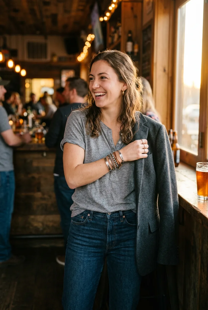 Woman transitioning outfit for evening by removing blazer and adding bracelets in bar setting