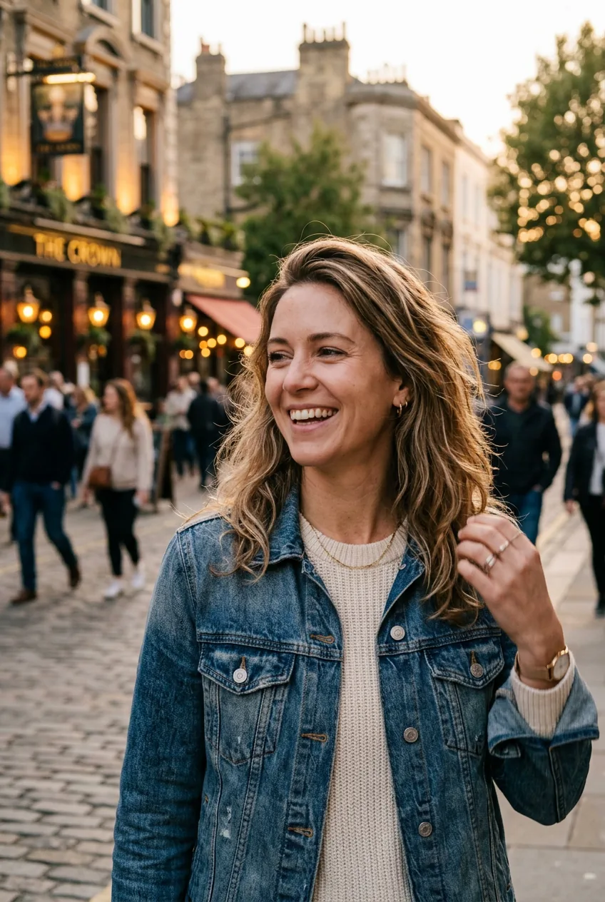 Woman wearing denim jacket over cream sweater and jeans in golden hour evening light