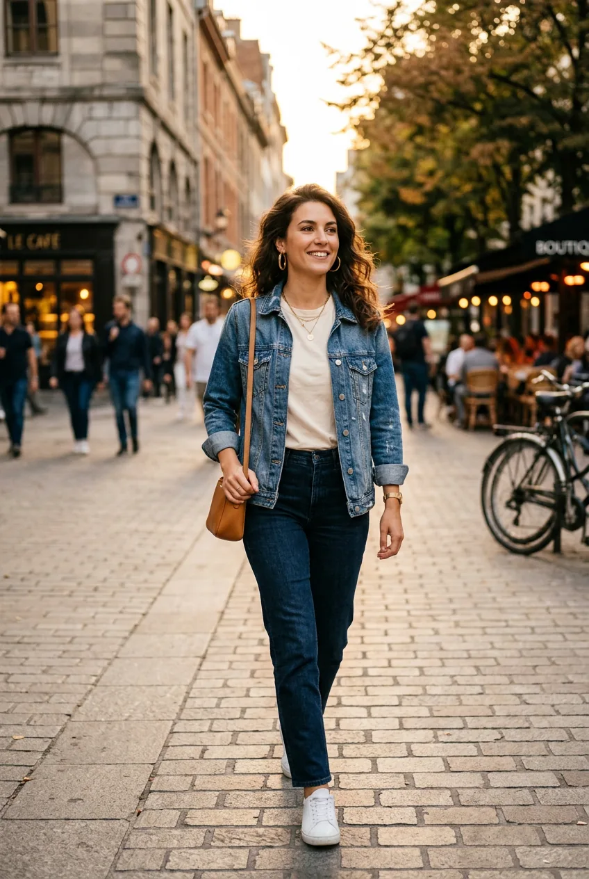 Woman with denim jacket and gold hoop earrings in evening golden hour lighting