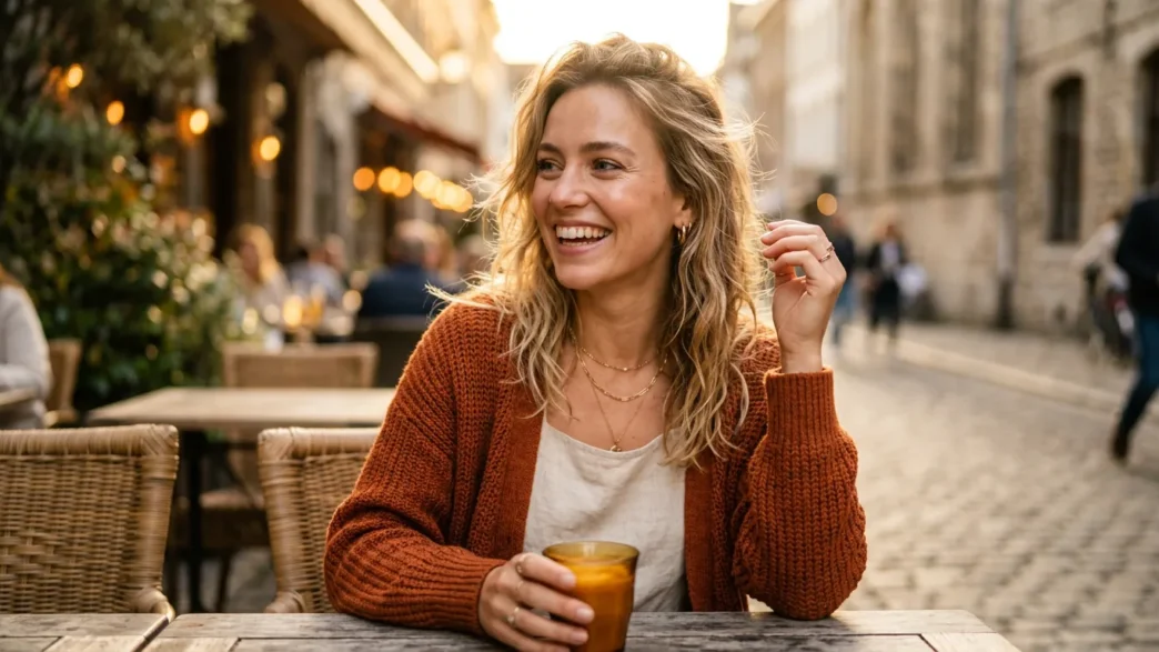 Woman in styled everyday outfit with natural golden hour lighting and warm editorial photography