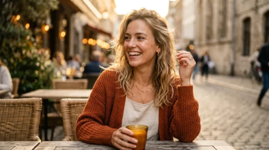 Woman in styled everyday outfit with natural golden hour lighting and warm editorial photography