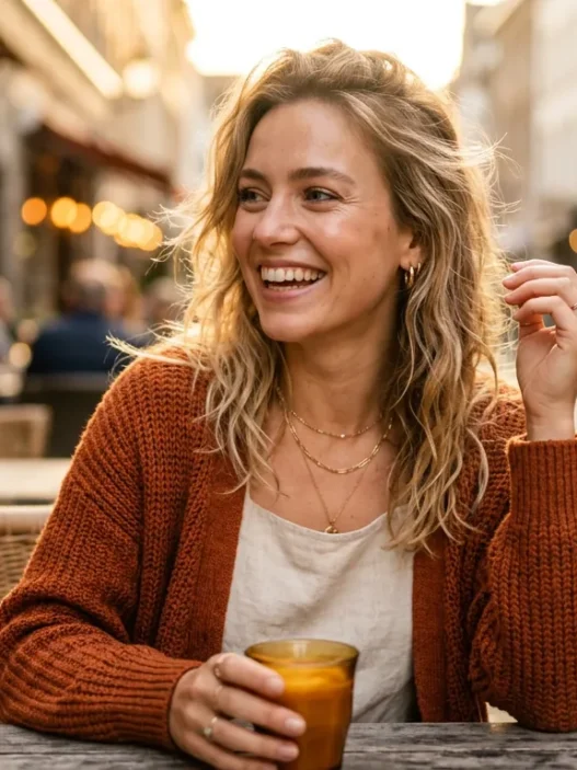Woman in styled everyday outfit with natural golden hour lighting and warm editorial photography