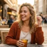 Woman in styled everyday outfit with natural golden hour lighting and warm editorial photography