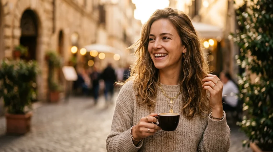 Woman in carefully styled everyday outfit during golden hour lighting with warm editorial photography feel