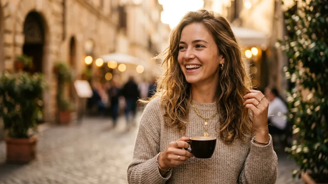 Woman in carefully styled everyday outfit during golden hour lighting with warm editorial photography feel