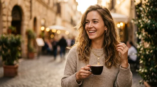 Woman in carefully styled everyday outfit during golden hour lighting with warm editorial photography feel