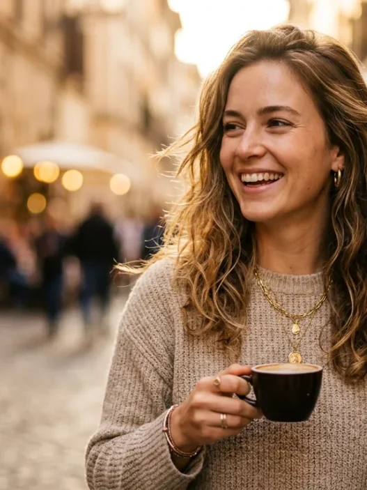 Woman in carefully styled everyday outfit during golden hour lighting with warm editorial photography feel