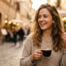 Woman in carefully styled everyday outfit during golden hour lighting with warm editorial photography feel