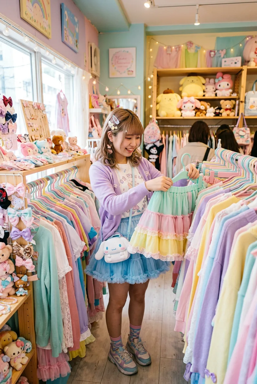 Woman browsing colorful fairy kei inspired pieces and kawaii accessories in bright boutique