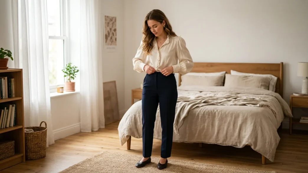 Woman in softly lit bedroom wearing styled fancy blouse smoothing fabric with hands