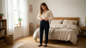 Woman in softly lit bedroom wearing styled fancy blouse smoothing fabric with hands