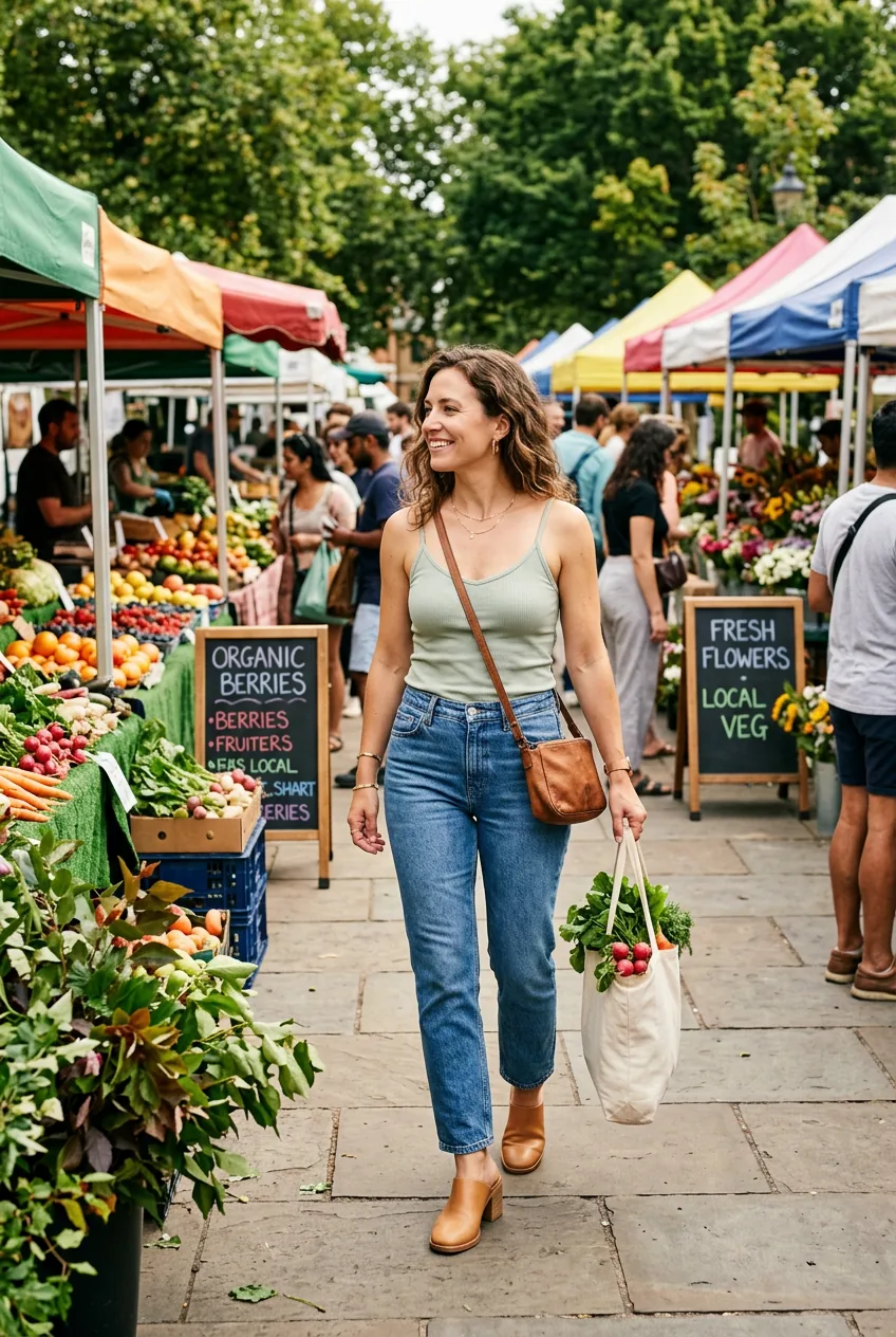 Woman walking through farmers market in straight-leg jeans and block heel mules carrying crossbody bag