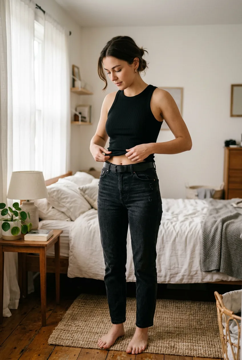 Woman in fitted black ribbed tank top showing the structured foundation piece for grunge styling