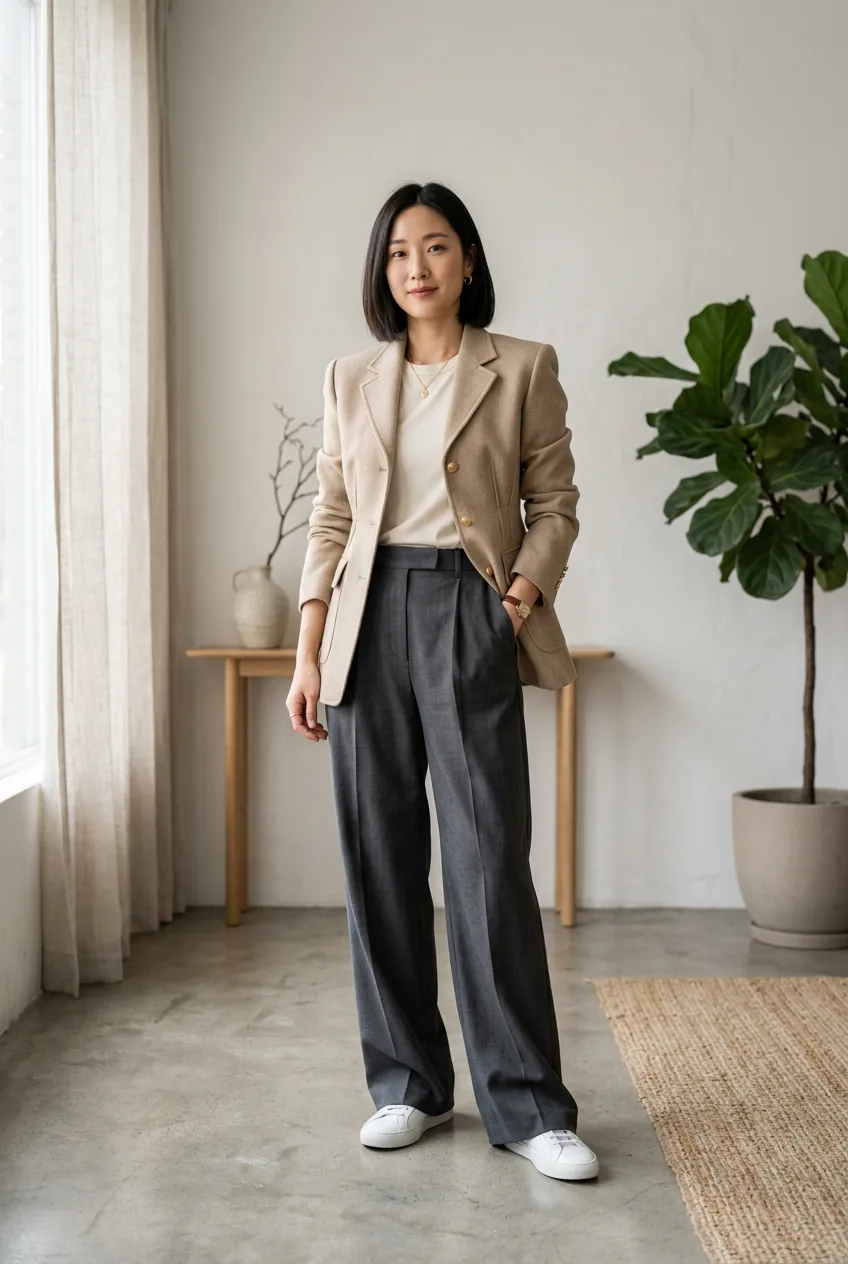 Woman demonstrating Korean fashion proportions with fitted blazer and wide-leg trousers in minimalist space