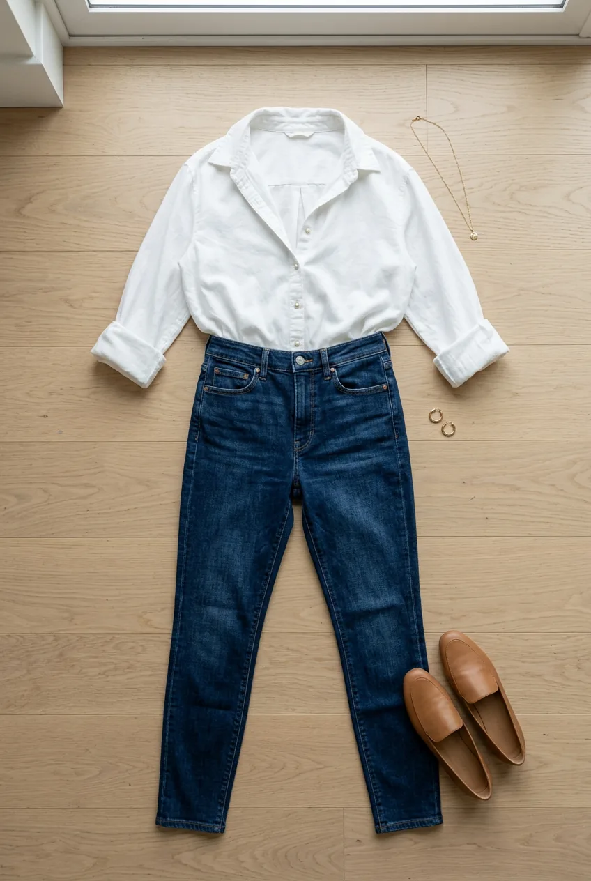 Fitted jeans paired with relaxed white cotton blouse demonstrating the fitted-loose balance principle
