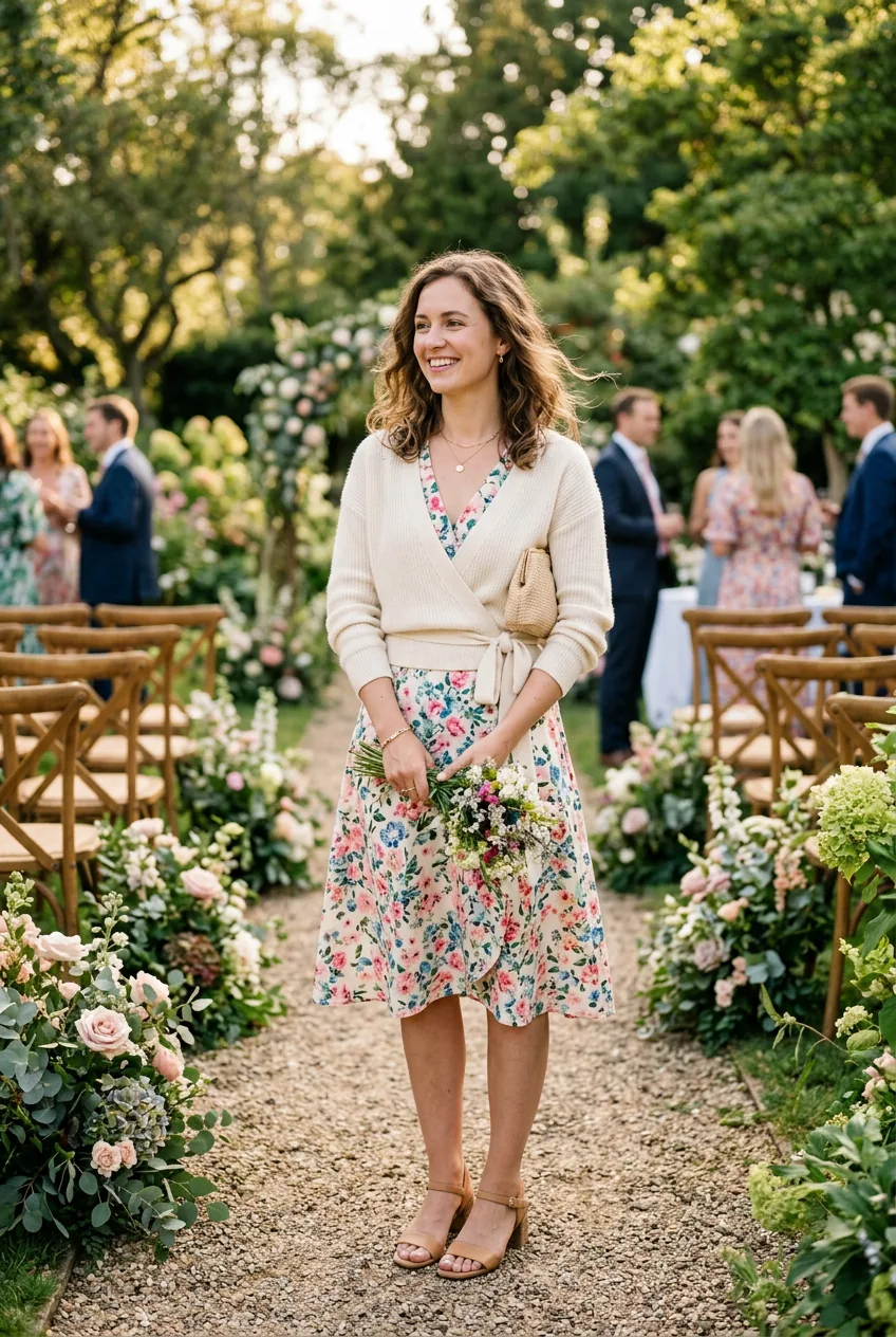 Woman wearing knee-length floral print dress with cardigan at outdoor wedding in natural lighting