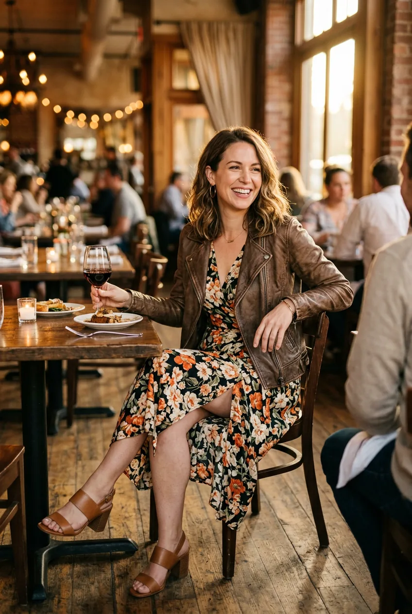 Woman in floral wrap dress styled with brown leather jacket and block heels in restaurant