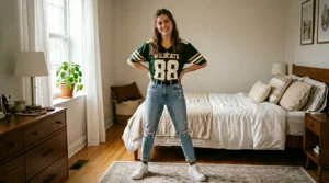 Woman wearing styled football jersey outfit with high-waisted bottoms in softly lit bedroom