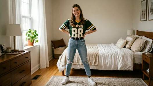 Woman wearing styled football jersey outfit with high-waisted bottoms in softly lit bedroom