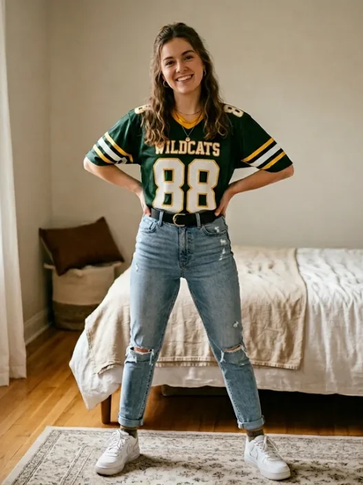 Woman wearing styled football jersey outfit with high-waisted bottoms in softly lit bedroom