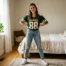 Woman wearing styled football jersey outfit with high-waisted bottoms in softly lit bedroom