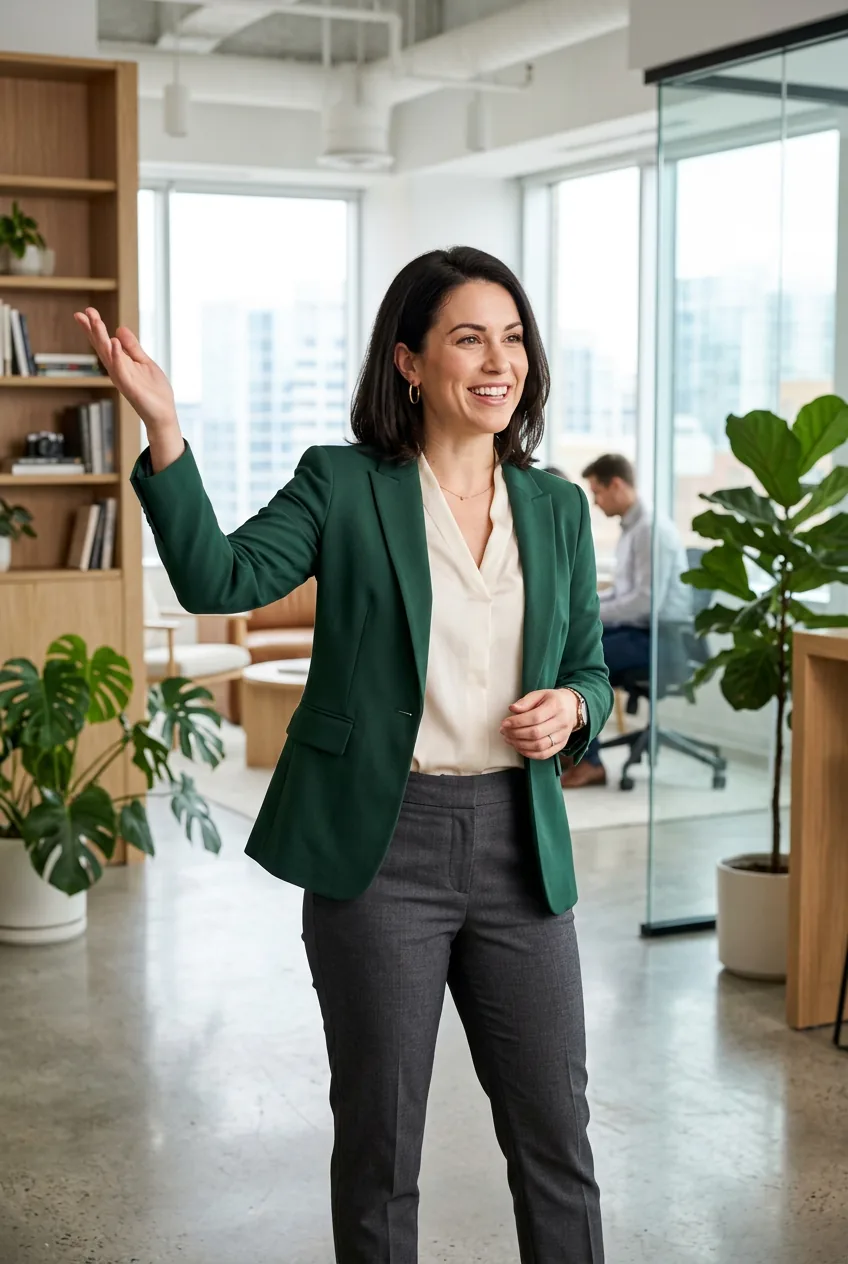 Woman in forest green blazer demonstrating natural arm movement and gesture in bright office space