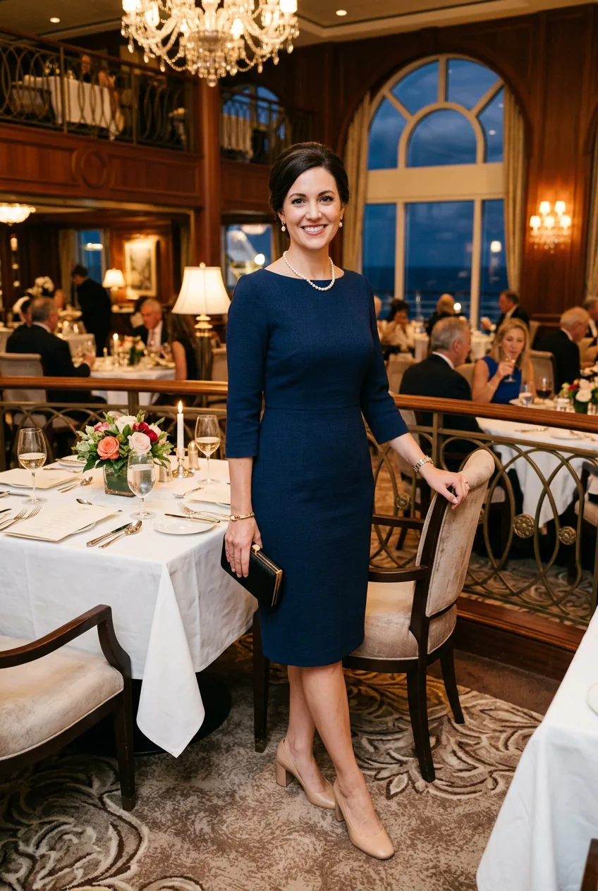 Woman wearing knee-length dress with block heels in elegant cruise ship dining room