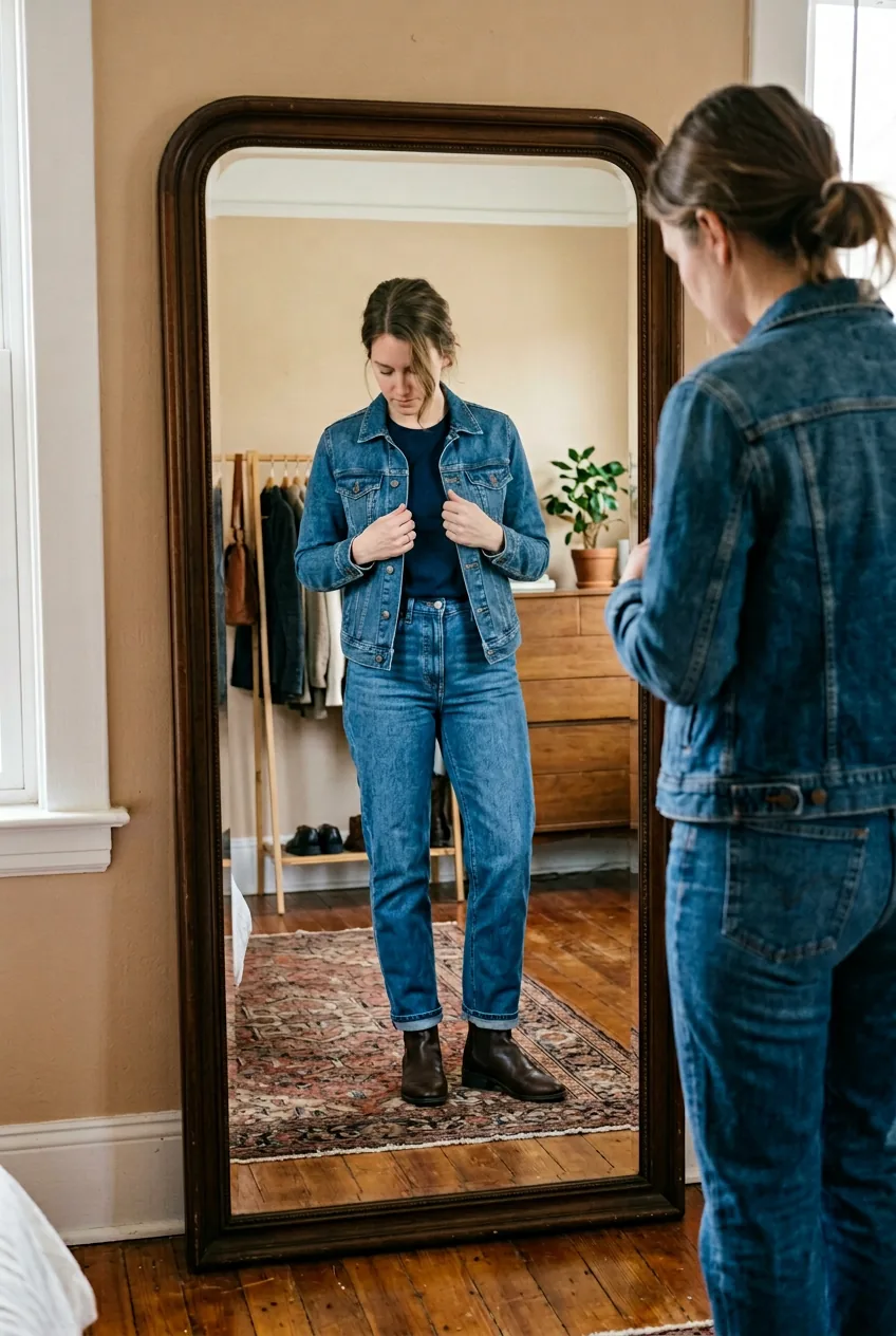 Full length mirror reflection of woman checking complete denim jacket outfit proportions