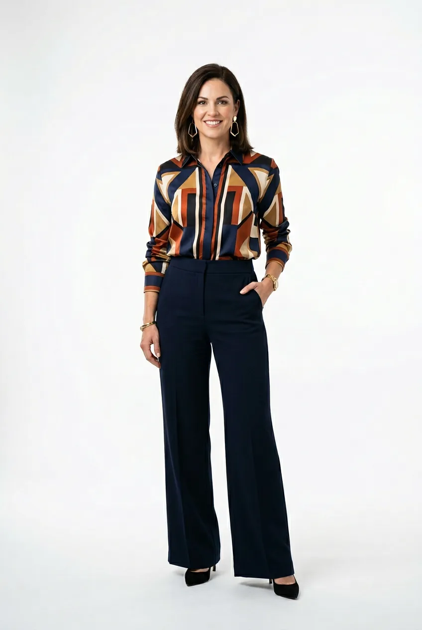Woman wearing bold geometric print silk blouse with high-waisted wide-leg trousers and statement earrings