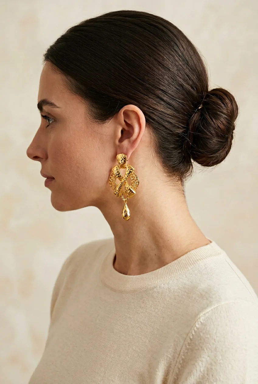 Profile of woman with dramatic gold statement earrings and hair in clean updo wearing cream top