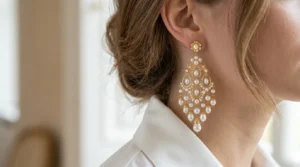 Elegant gold and pearl chandelier earrings hanging from woman's ear with white blouse collar