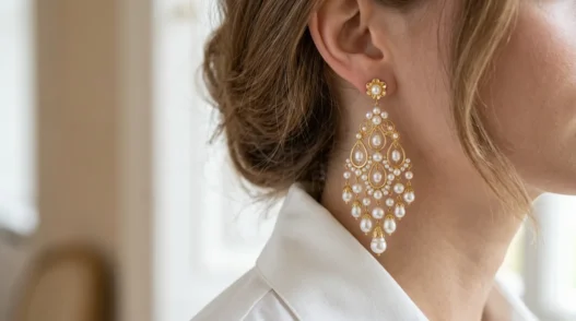 Elegant gold and pearl chandelier earrings hanging from woman's ear with white blouse collar