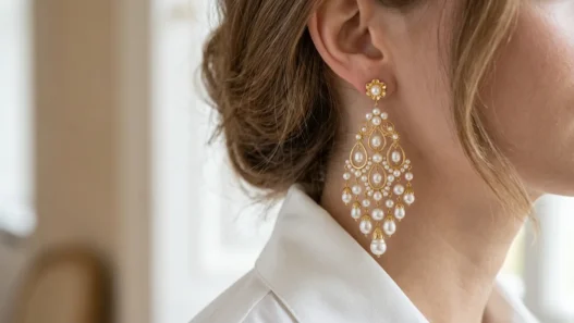 Elegant gold and pearl chandelier earrings hanging from woman's ear with white blouse collar
