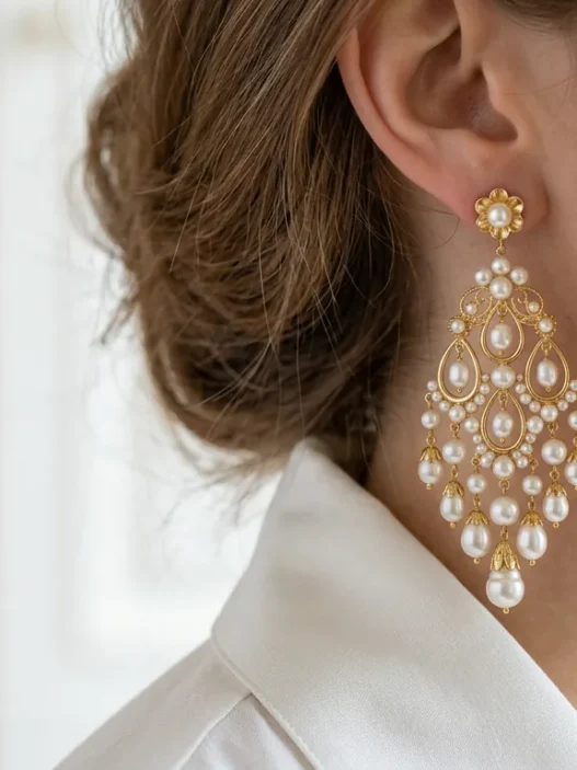Elegant gold and pearl chandelier earrings hanging from woman's ear with white blouse collar