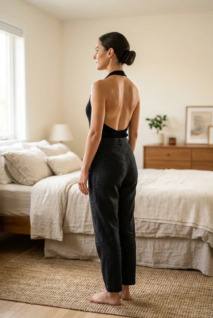 Woman demonstrating proper posture in backless top with shoulders back and confident stance