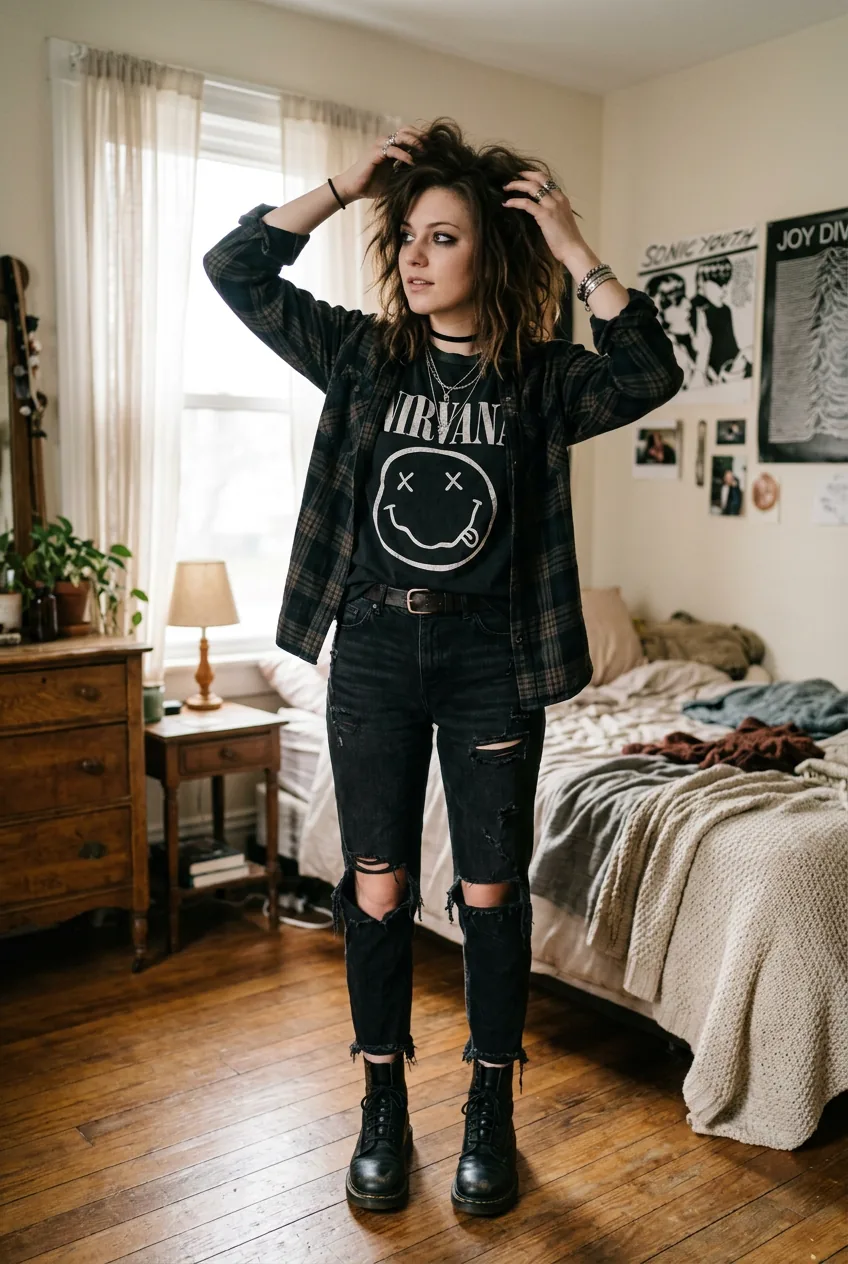Woman with complete grunge styling including smudged eyeliner and tousled textured hair finish