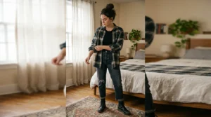 Woman wearing fitted black tank top and oversized red flannel shirt demonstrating grunge outfit foundation layers