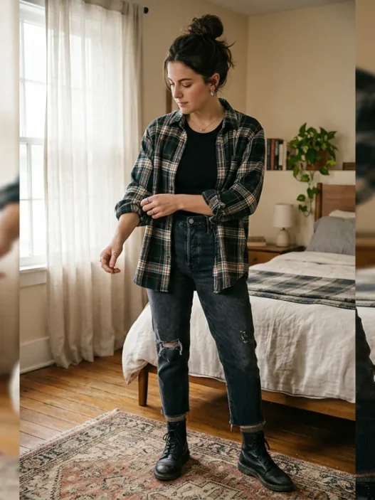 Woman wearing fitted black tank top and oversized red flannel shirt demonstrating grunge outfit foundation layers