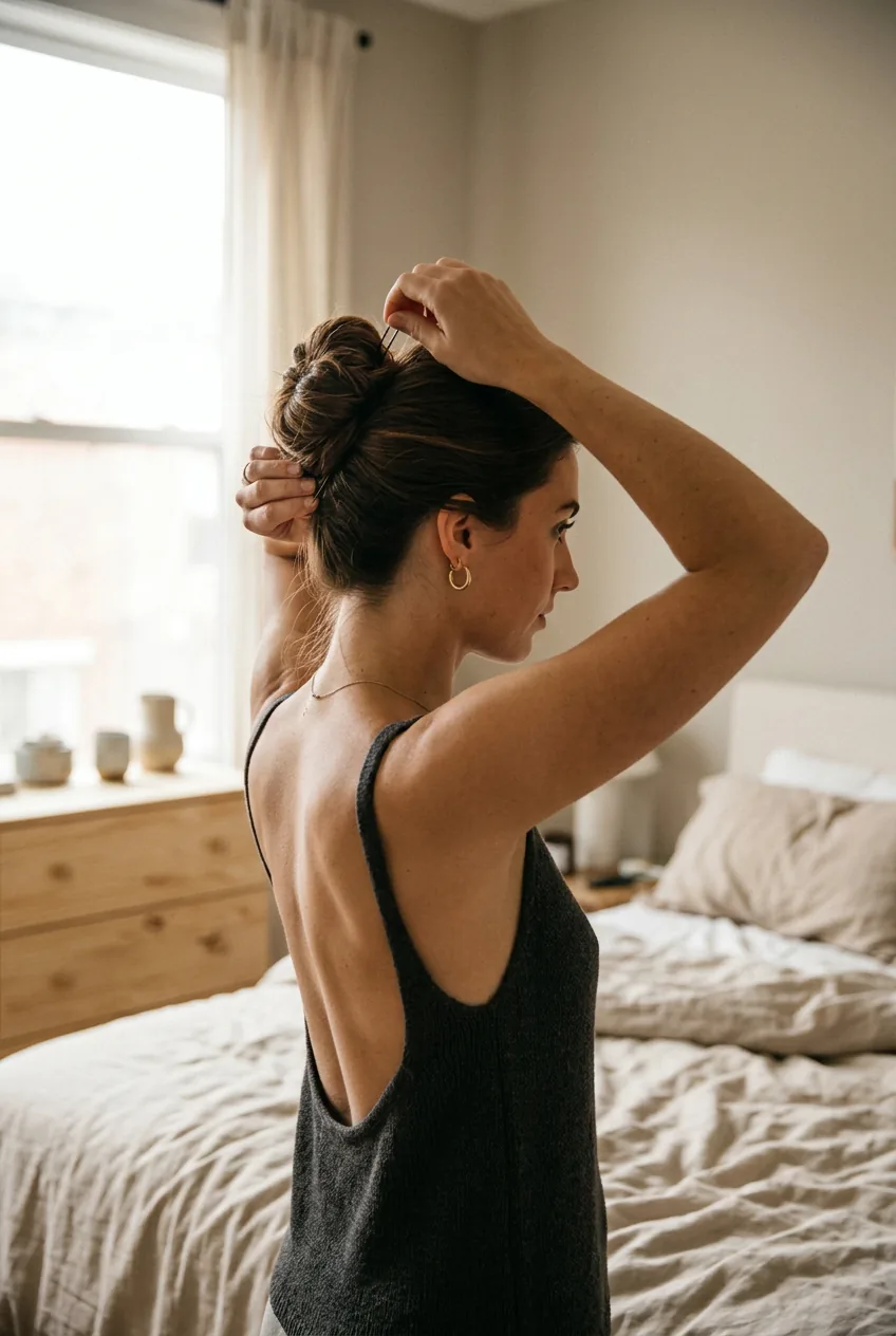 Woman pulling long hair into elegant bun while wearing backless top, showing exposed back detail