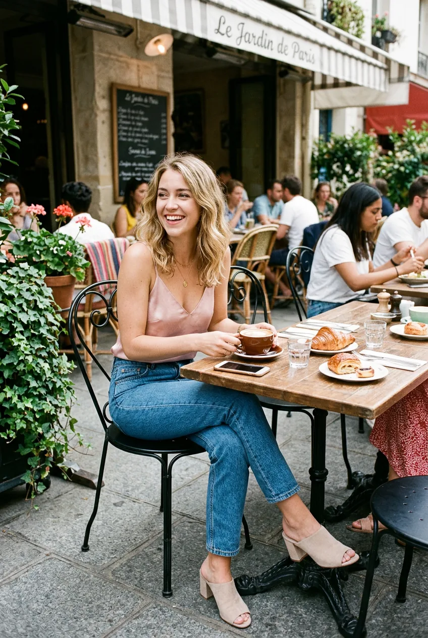 Woman seated at outdoor cafe table in high-waisted jeans and blush camisole with block heels